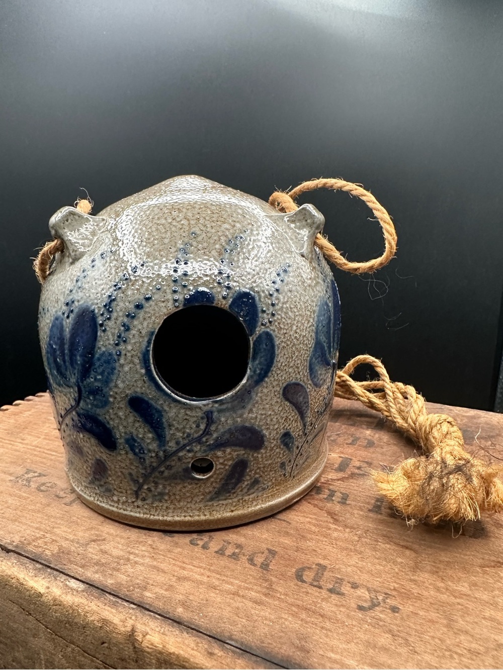 Eldreth Pottery Salt Glaze Birdhouse Cobalt Tulip Signed 1997 Farmhouse Decor